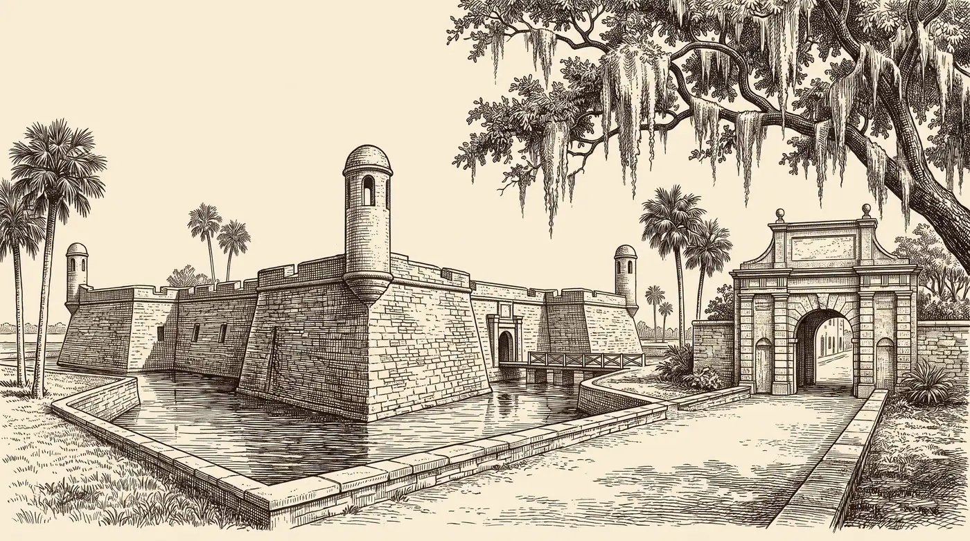 Engraving of the Castillo de San Marcos and the old city gate of St. Augustine, in the style of the label artwork.