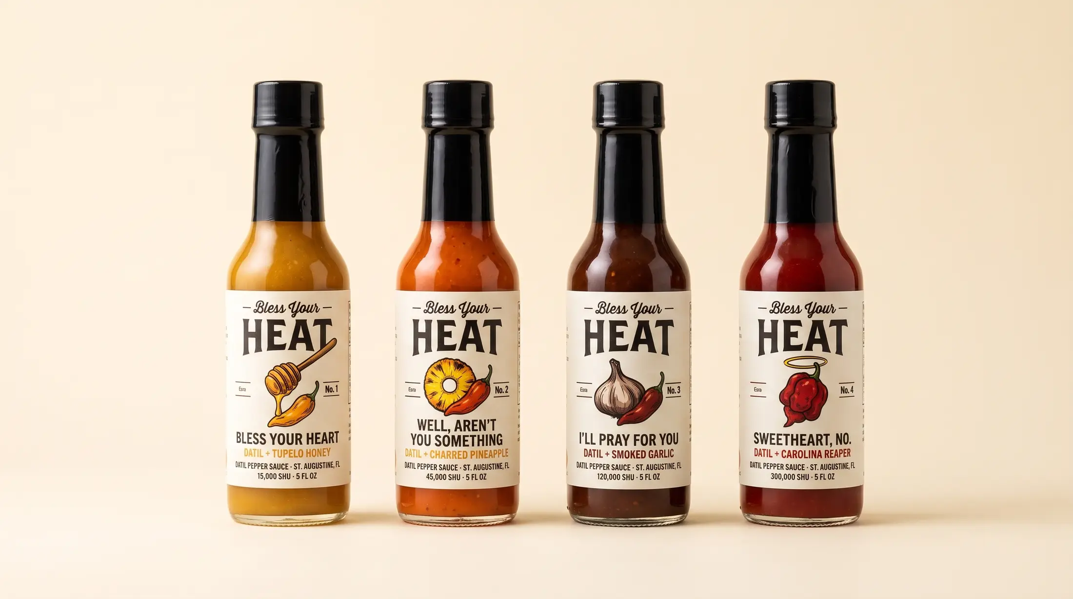 All four Bless Your Heat bottles in a row, No. 1 through No. 4, on a warm cream background.